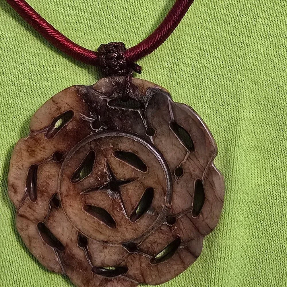 Hand-Carved Floral Jadeite Pendant Necklace With Adjustable Burgundy Cord - Picture 3 of 10